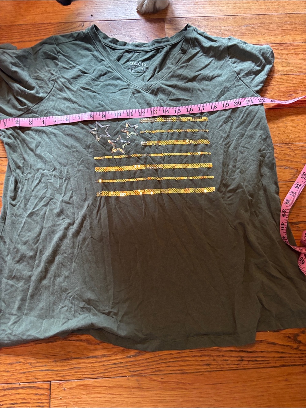 d & co Olive Green V-Neck Short Sleeve Tee with Gold Sequin Flag RR